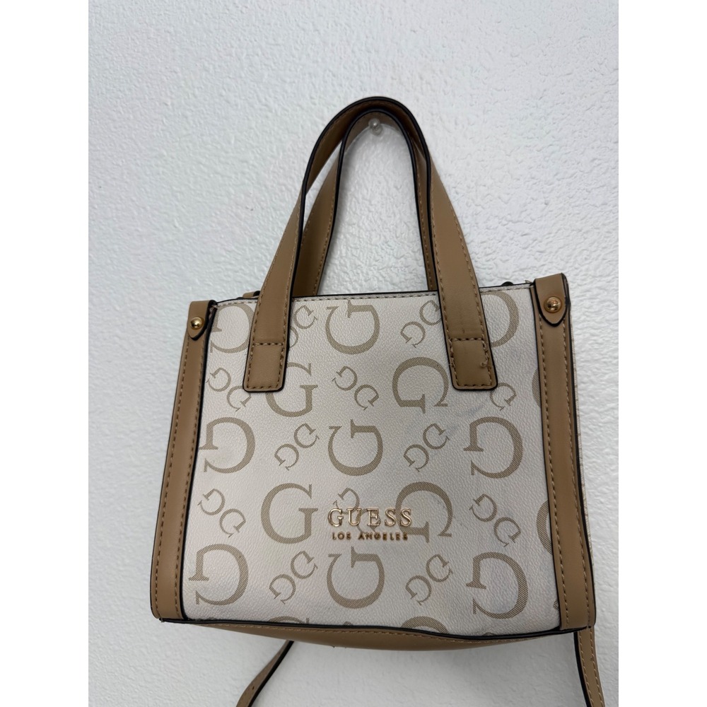 Guess Los Angeles Mini Tote Bag Cream Tan Logo Print Crossbody Handbag